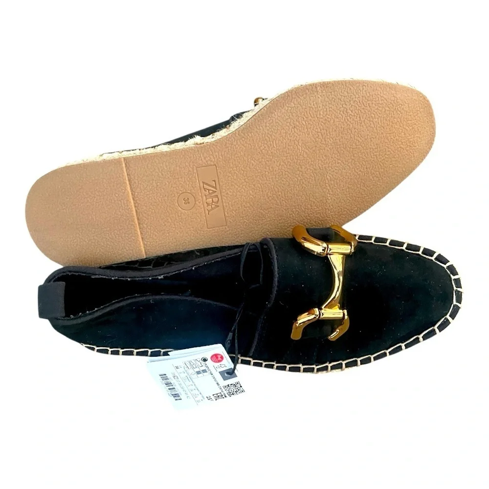 New! Zara Black Espadrilles with Gold Horse-bit Flat Shoes 6